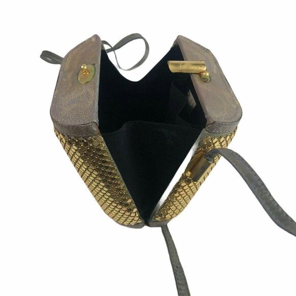 Vintage Comeco Gold Chainmail Purse Gray Leather - Picture 4 of 9